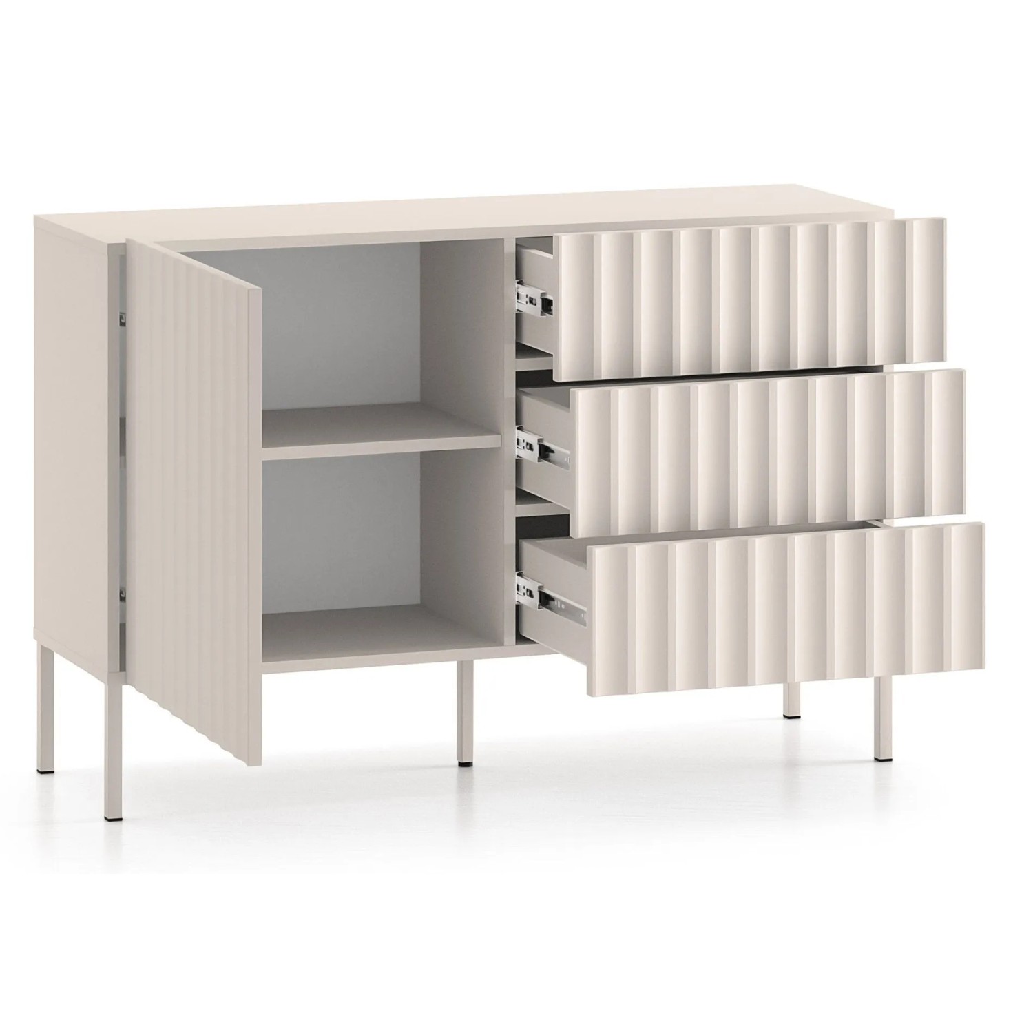 Modernes Selsey Sideboard Derriva in Kaschmir. Gerillte Fronten, offene Tür mit zwei Fächern, drei Schubladen leicht geöffnet.
