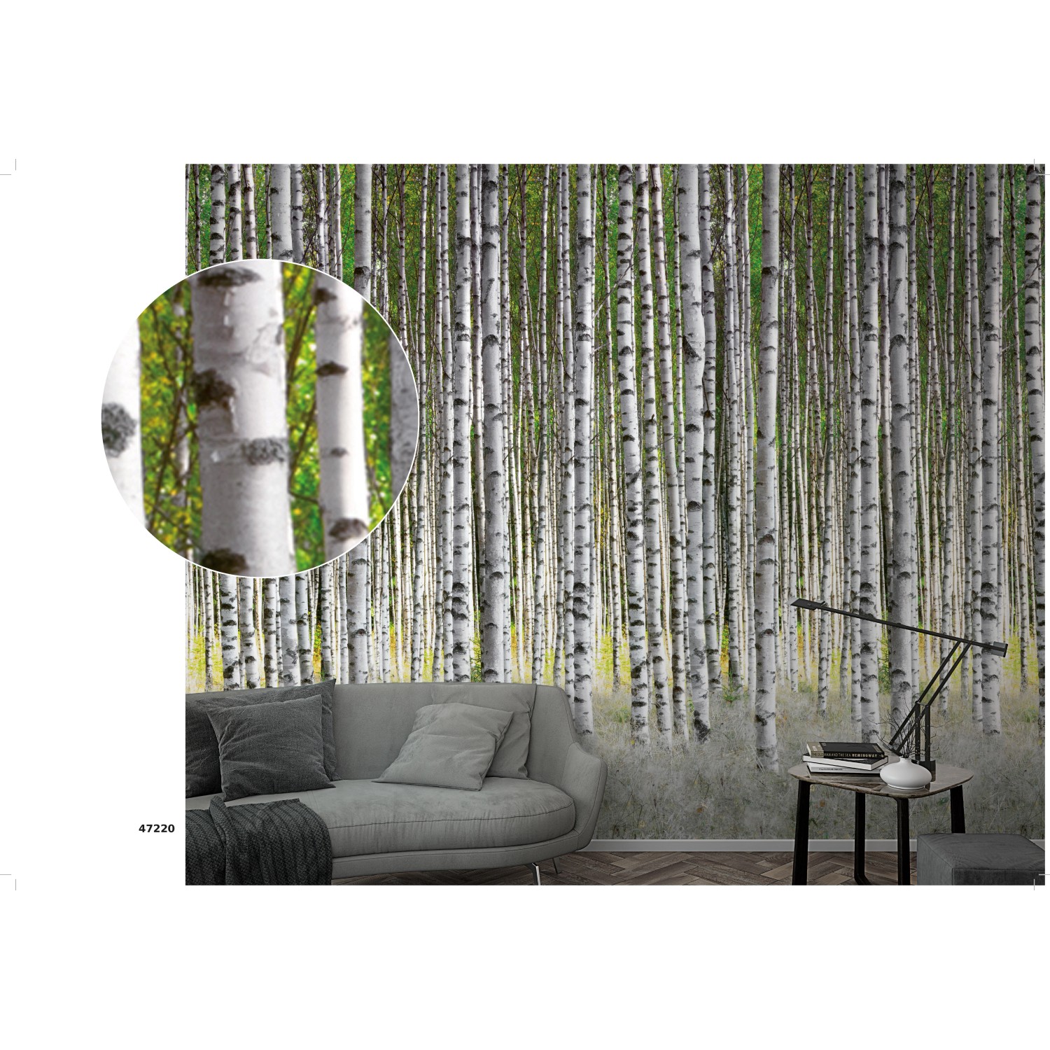 Marburg Vliestapete Floral Weiß-Grün im Raum, Birkenwald-Motiv als Fototapete.