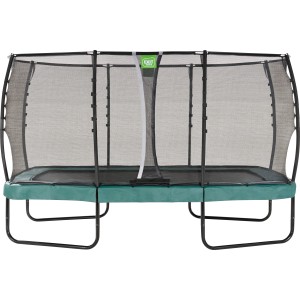 Rechteckiges, grünes EXIT Allure Premium Trampolin 244x427 cm mit Sicherheitsnetz.