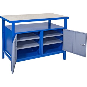 Güde Werkbank P 1200 TT in Grau-Blau mit zwei offenen Fächern und abschließbaren Türen.