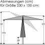 Maße des Schneider Marktschirms, 230x150 cm, mit Knickfunktion. Schemazeichnung.