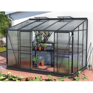 Schwarzes Vitavia Gewächshaus Ida 6500 mit Regalen und Pflanzen, 6,5 m².