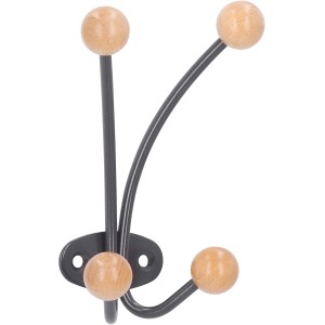 Siro Garderobenhaken 1292, umbragrauer Metallhaken mit Ahorn-Holzkugeln.