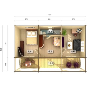 Grundriss Palmako Sandra Holz-Gartenhaus mit Satteldach, 791x350 cm, unbehandelt, mit Bemaßung.