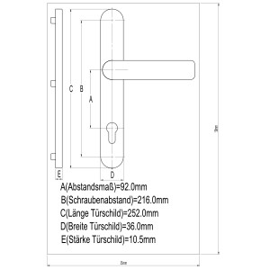 Technische Zeichnung: JM Meeth Schutzbeschlag Silber, Maße für Türbeschlag, Haus- und Nebeneingangstüren.
