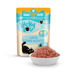 Lucky Lou Katzen-Nassfutter Kitten Geflügel & Forelle, 300g Packung mit Schale Futter.
