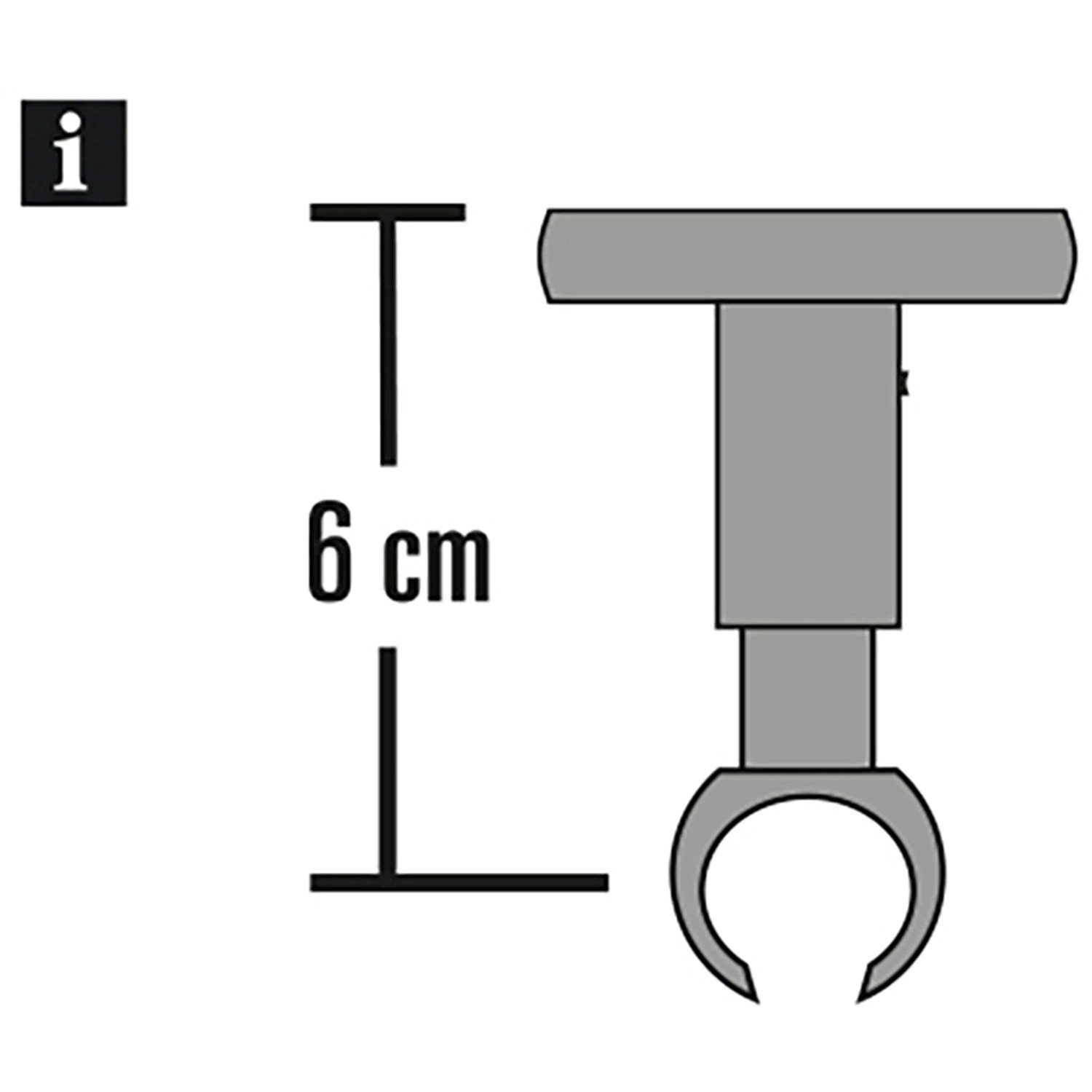 Skizze: Gardinia Deckenträger Chicago, Titan, 6 cm hoch, für Gardinenstangen mit 20 mm Durchmesser.
