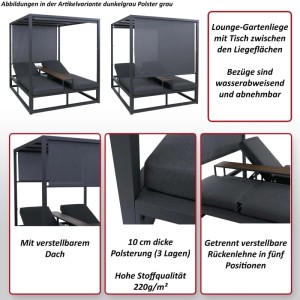 MCW Alu Lounge-Gartenliege mit Dach und dunkelgrauen Polstern, Liegefläche für zwei Personen.