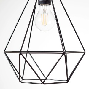 Schwarze Pendelleuchte Drewno mit E27 Fassung und geometrischem Lampenschirm.