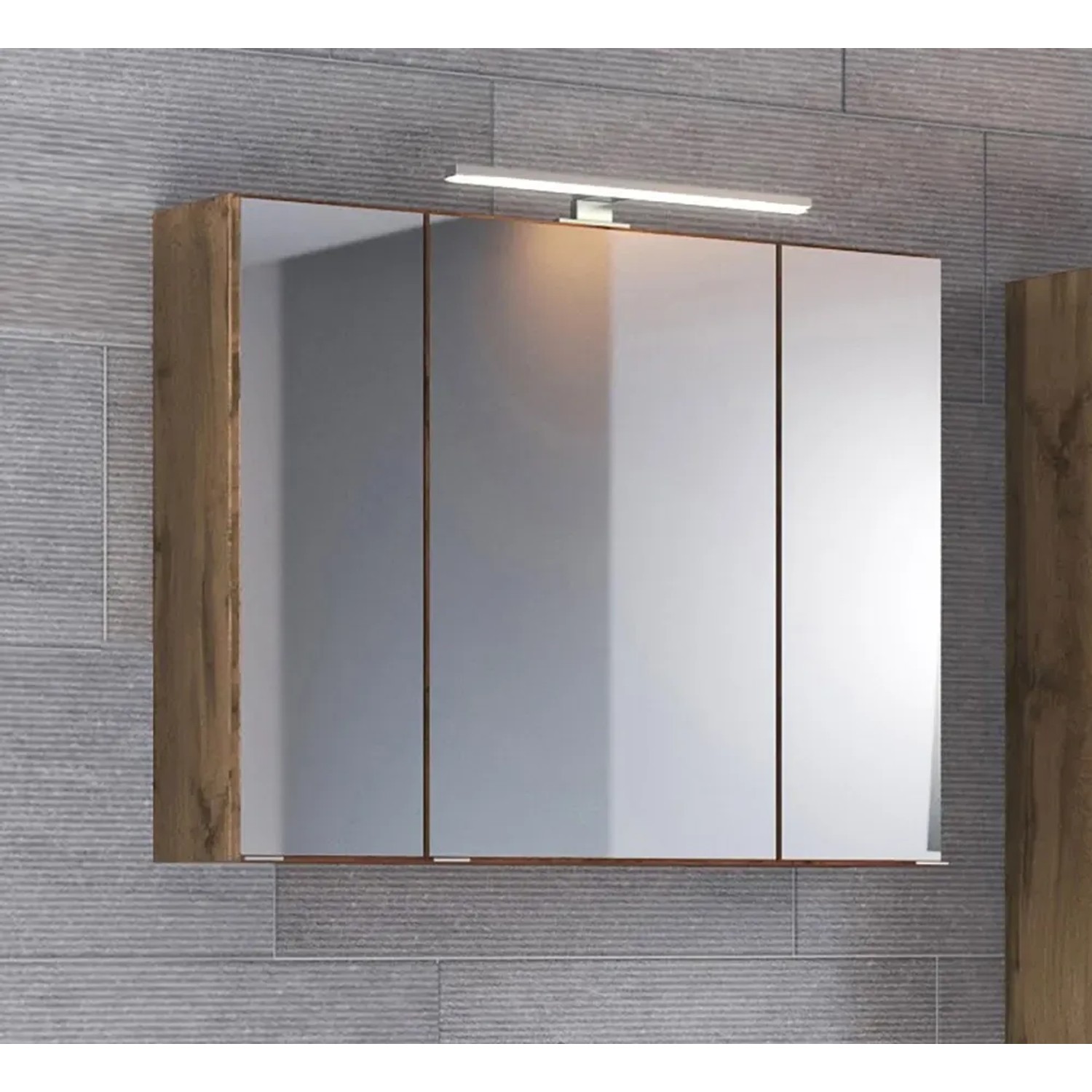 Held Möbel 3D-Spiegelschrank Bari 80 cm in Wotaneiche mit LED-Leuchte.