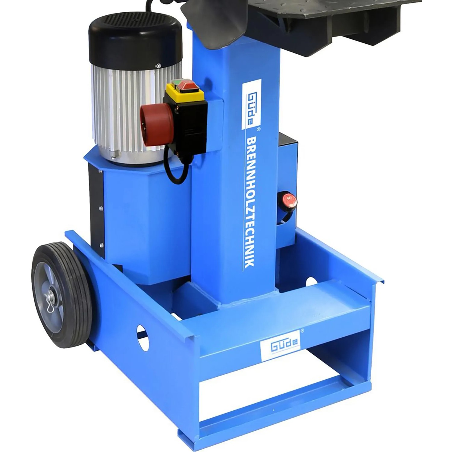 Güde Holzspalter GHS 500/8TED: Blauer, fahrbarer Holzspalter mit Elektromotor und Bedienelementen.