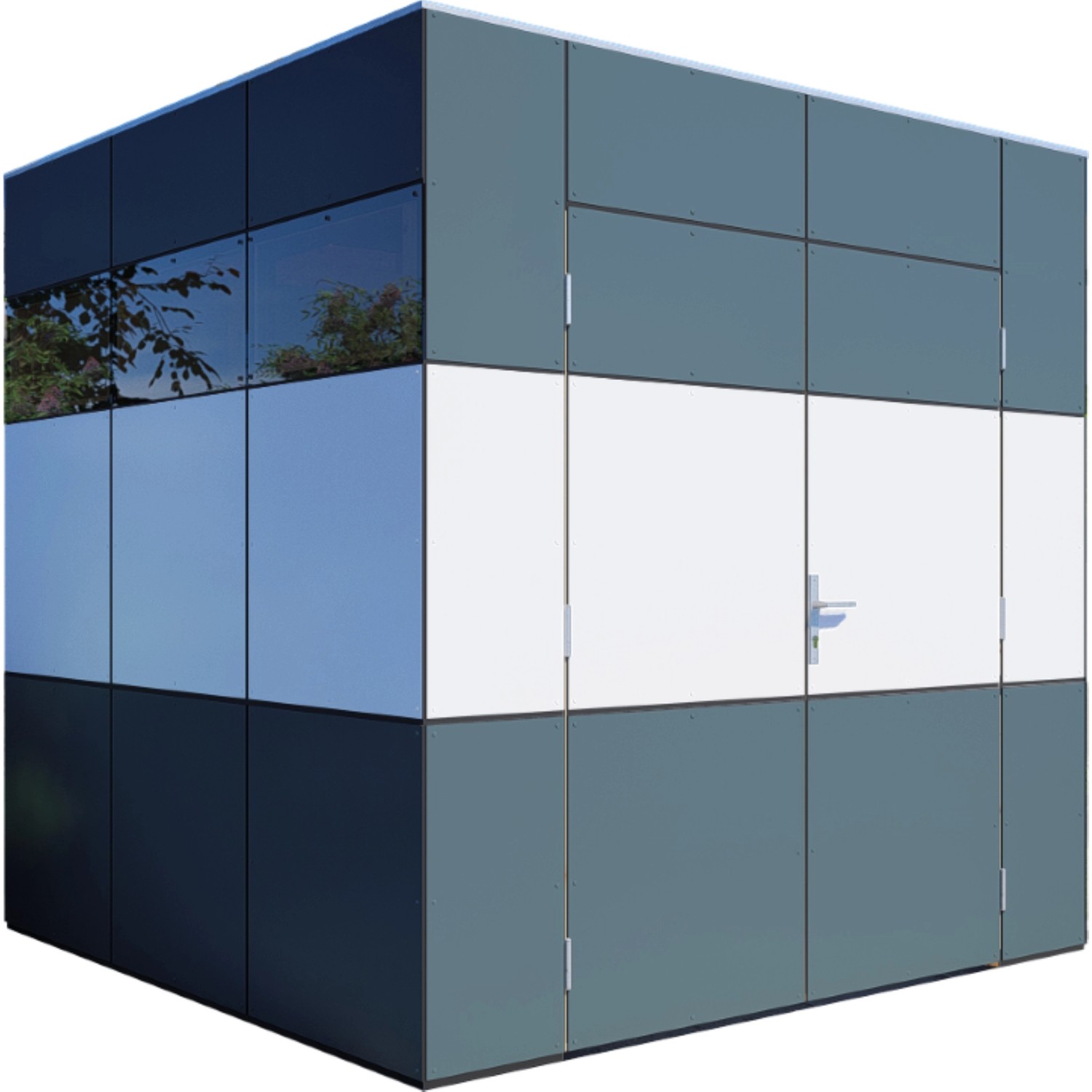 Modernes Bertilo Gartenhaus HPL 1 in Anthrazit-Weiß, 228x230 cm, aus beschichtetem Holz.