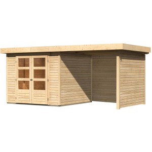 Karibu Holz-Gartenhaus Boras mit Flachdach und Anbau, unbehandelt.