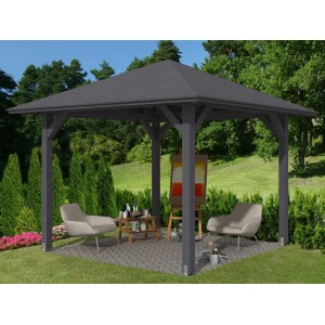 Skan Holz Pavillon Cannes 1, schiefergrau lasiert, 294x294 cm. Holzpavillon mit robustem Leimholz.