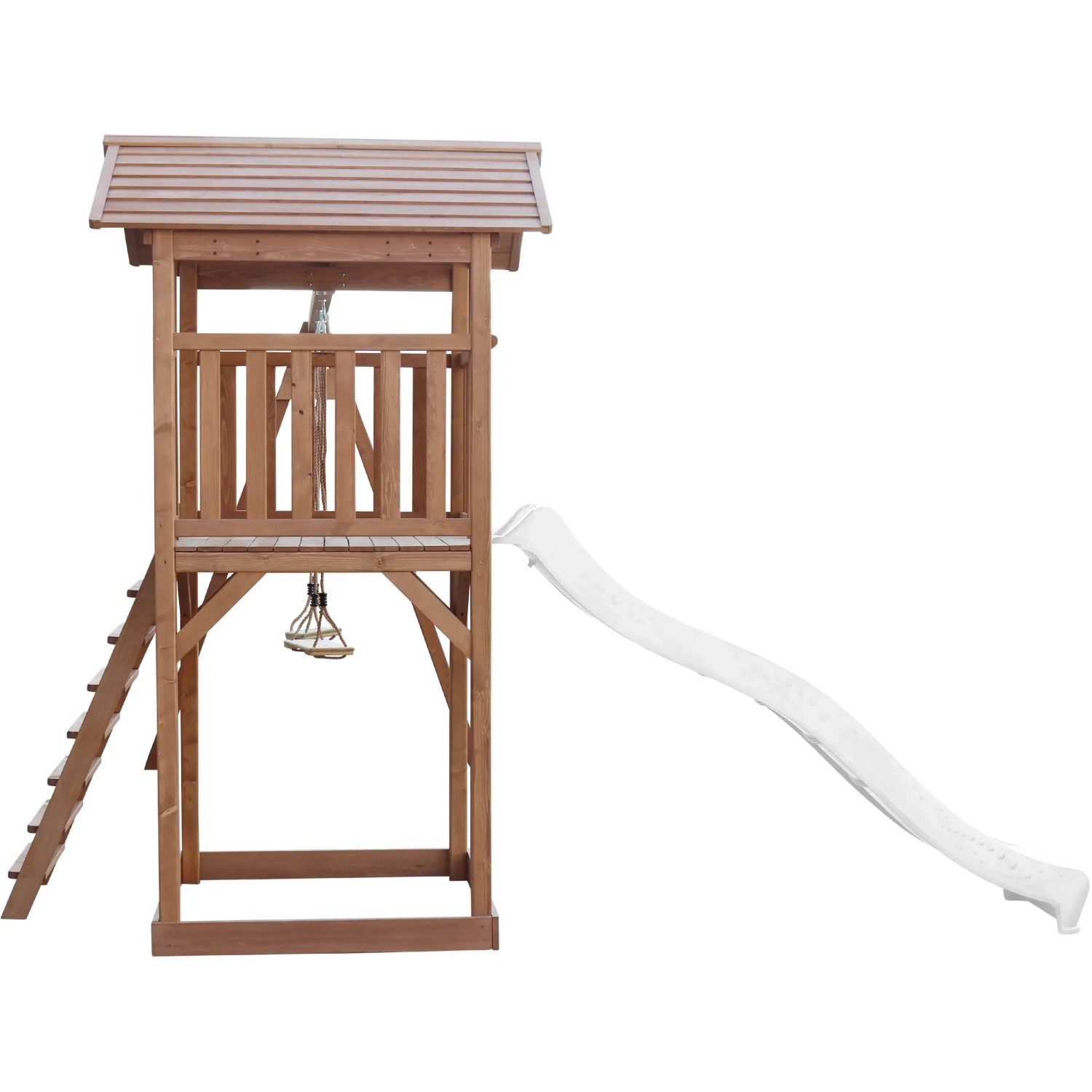 Axi Beach Tower Spielturm mit Doppelschaukel, braunes Holz, weiße Rutsche. Ideal für Garten & Outdoor.