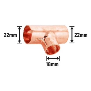 Löt-Reduzier-T-Stück aus Kupfer, 22 mm x 18 mm x 22 mm, für Kupferrohr-Installationen.