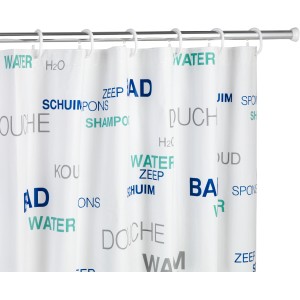 Wenko Duschstange Chrom mit Duschvorhang mit Aufdruck von Badezimmer-Begriffen.