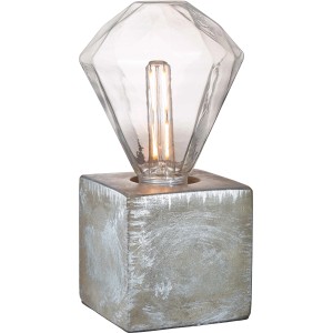 Vintage Tischleuchte in Silbergrau mit klarem Glasschirm in Diamantform. Design Tischlampe.