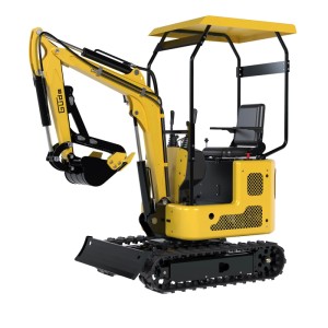 Gelber Güde Benzin-Mini-Bagger GMB 860B mit Kettenfahrwerk und Planierschild.