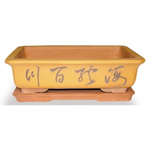 Gelbe Bonsai Schale mit Unterteller, Ø 35cm, mit asiatischen Schriftzeichen. Ideal für Bonsai Bäume.