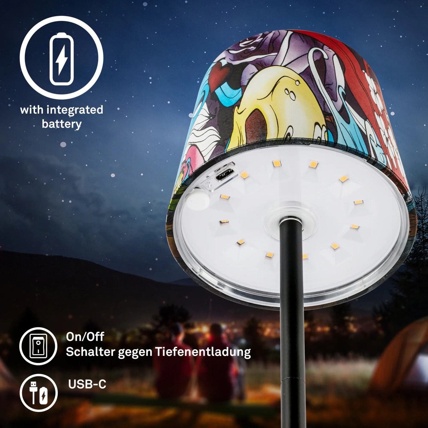 Brilo Akku Tischleuchte Piha mit Graffiti-Motiv, Touchdimmer und IP44-Schutz für den Außenbereich.