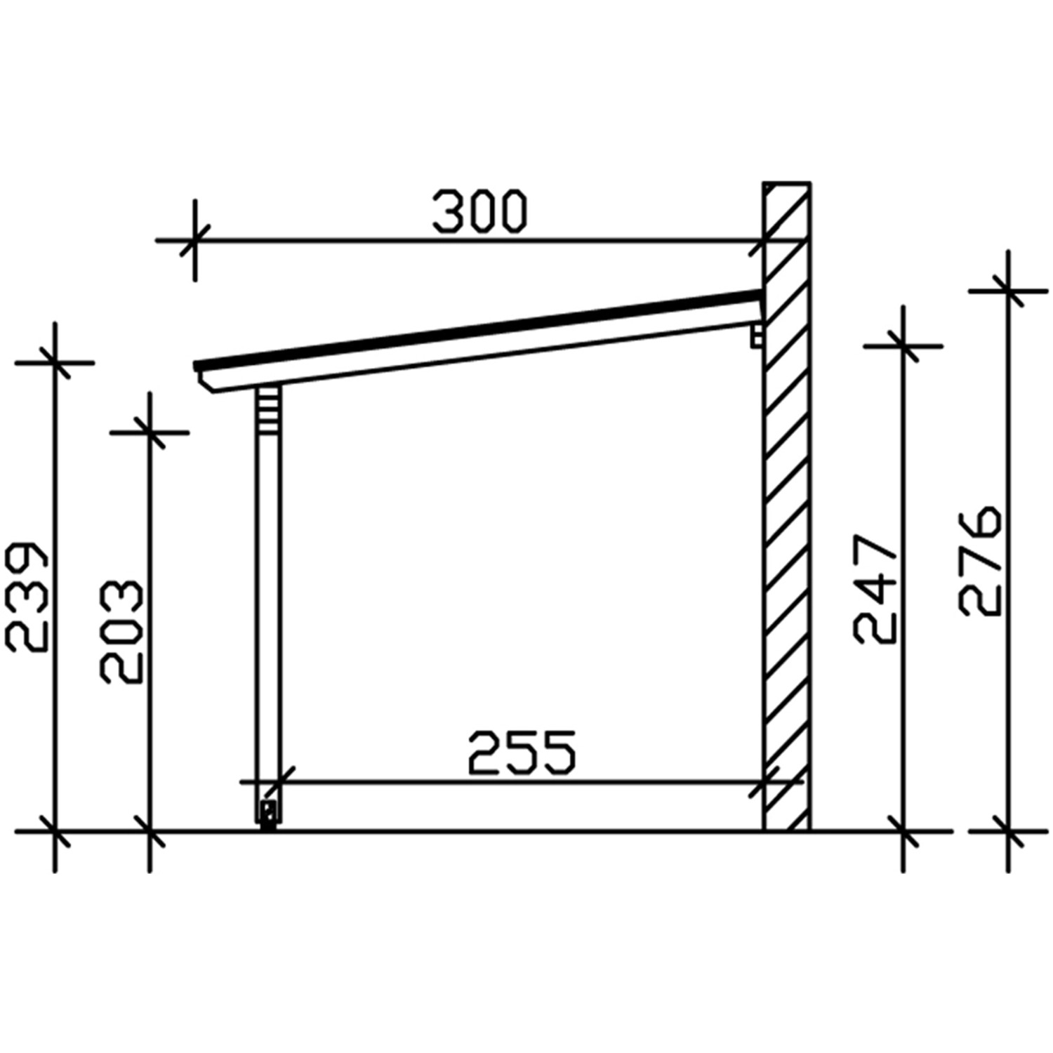 Technische Zeichnung der Skan Holz Terrassenüberdachung Ancona mit Maßangaben.