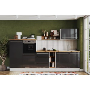 Respekta Inselküche Gabriel 320 cm in Grau Hochglanz mit E-Geräten und Kochinsel.