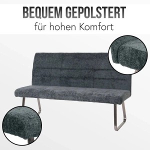 Esszimmer Sitzbank, dunkelgrauer Chenille Stoff, Edelstahlfüße, Teil einer 5-teiligen Essgruppe.