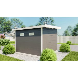 Modernes, anthrazitfarbenes Elephant WPC Gartenhaus mit Flachdach in M-Größe.