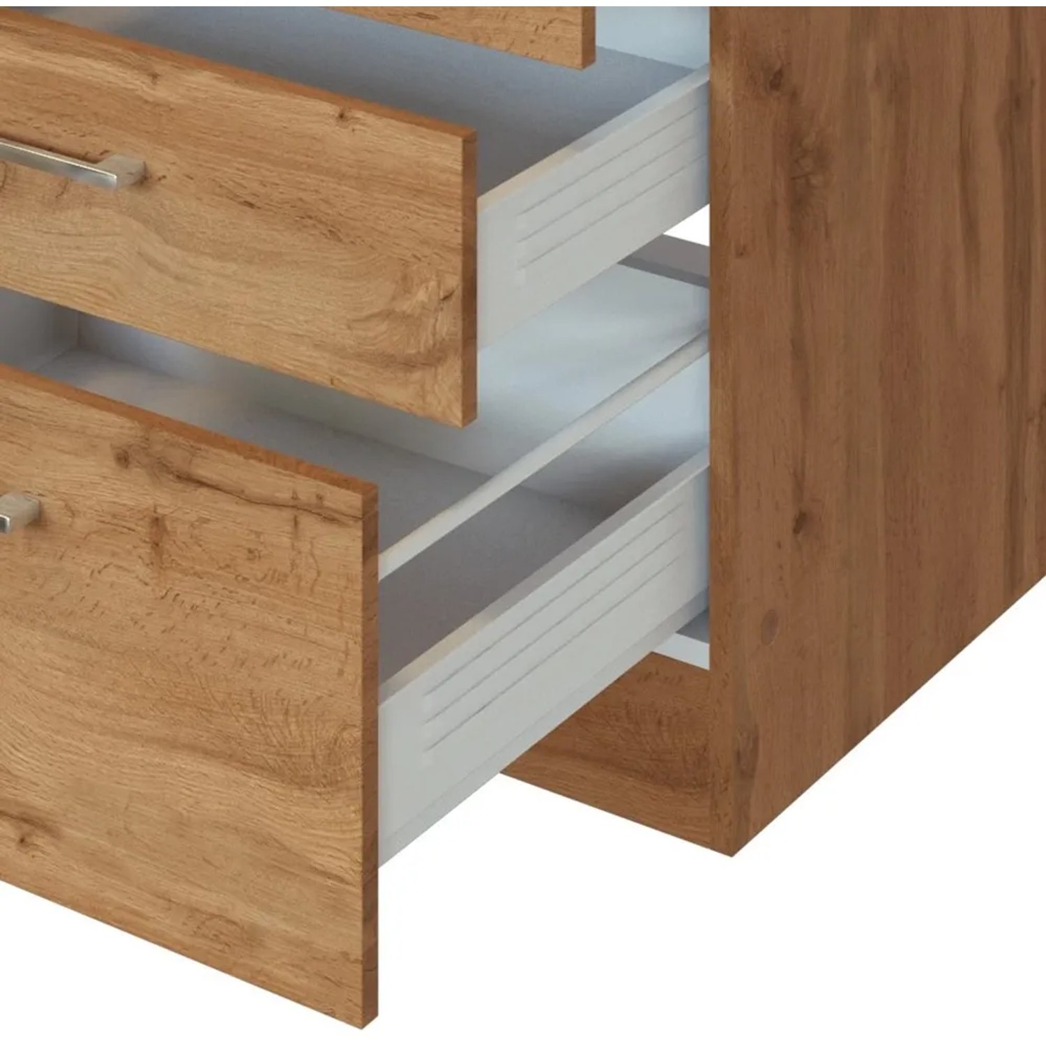 Küchenzeile Sorrento: Unterschrank mit offenen Schubladen in Wotaneiche Optik.