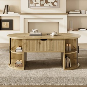 okwish Couchtisch HöhenVerstellbar/Offene Regale/Versteckter Stauraum Wohnzimmertisch 100 x 50 cm Natur