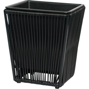 Schwarzer, eckiger Pflanzkübel aus Polyrattan, 34,5x29,5x29,5 cm. Wetterfest und UV-beständig.