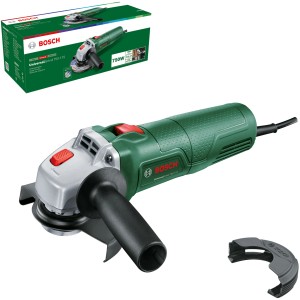 Bosch UniversalGrind 750-115 Winkelschleifer mit 750-W-Motor und Zubehör.