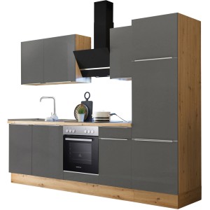 Respekta Küchenzeile Marleen 280 cm in Artisan-Eiche und Grau Matt mit E-Geräten.