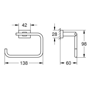 Technische Zeichnung: Grohe Essentials Cube WC-Papierhalter, Maße und Details.