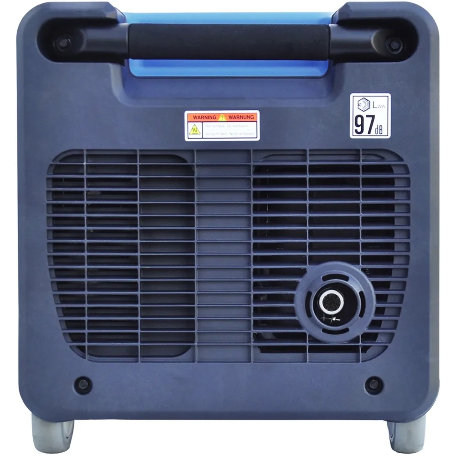 Rückansicht des blauen Hyundai Inverter-Generator HY4500SEi D Stromerzeugers mit Rädern und Griff.