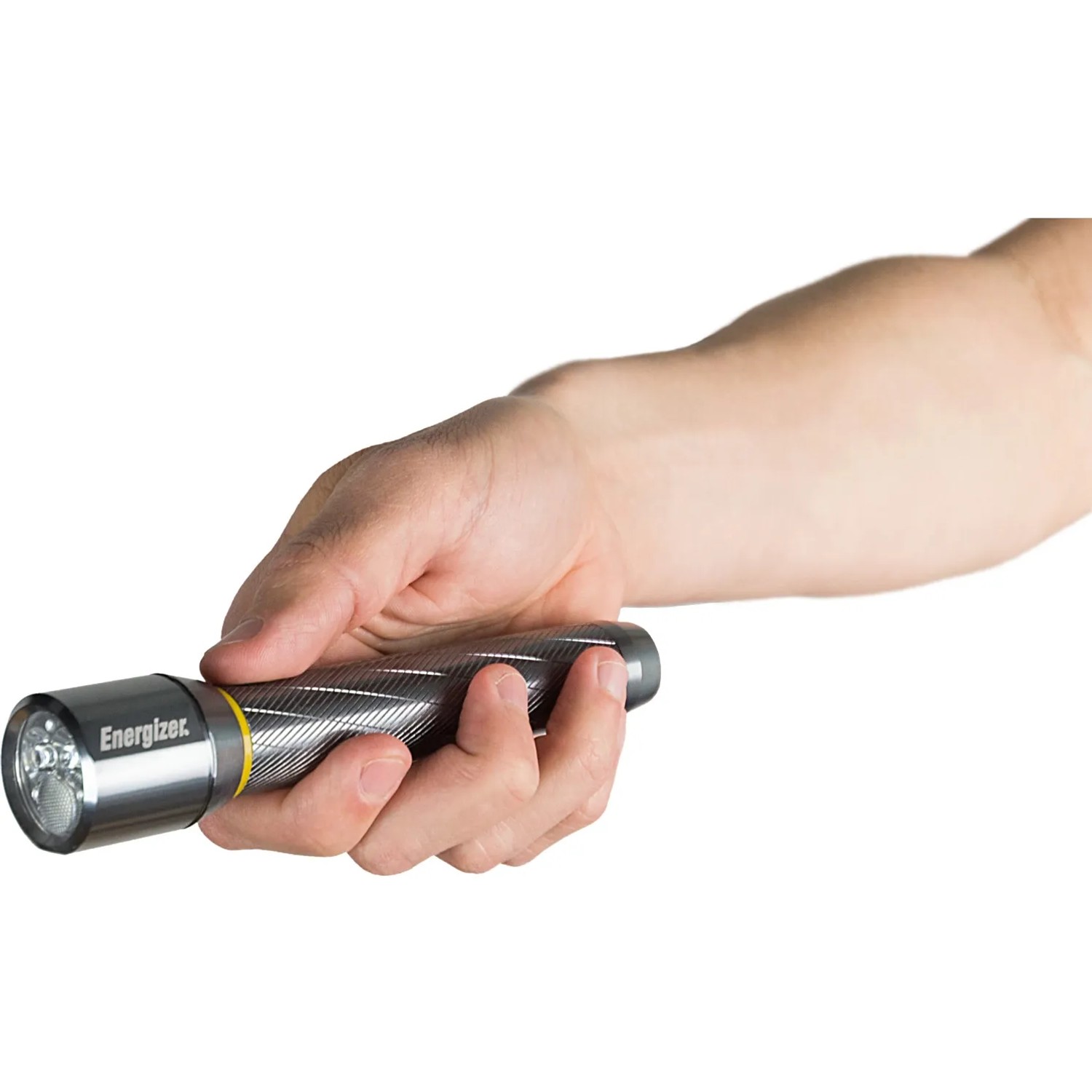 Energizer Vision HD Metall Taschenlampe in Hand, 185 Lumen, mit Batterien.