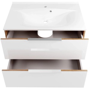 Fackelmann Waschplatz-Set B.Brillant, 80 cm, Asteiche/Weiß, mit Gussmarmor-Waschtisch und zwei Schubladen.