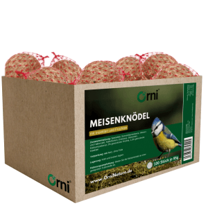 Karton mit 100 ORNI Meisenknödeln mit Insekten und Früchten im Netz für Wildvögel. Blaumeise auf Etikett.