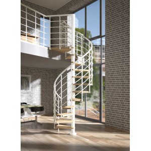 Weiße Dolle Spindeltreppe Oslo mit Eichenholzstufen, spiralförmig im Raum.