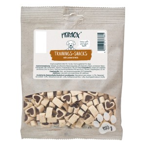 Primox Trainingssnack mit Lamm & Reis, 150g, Hunde-Leckerli in Herzform.