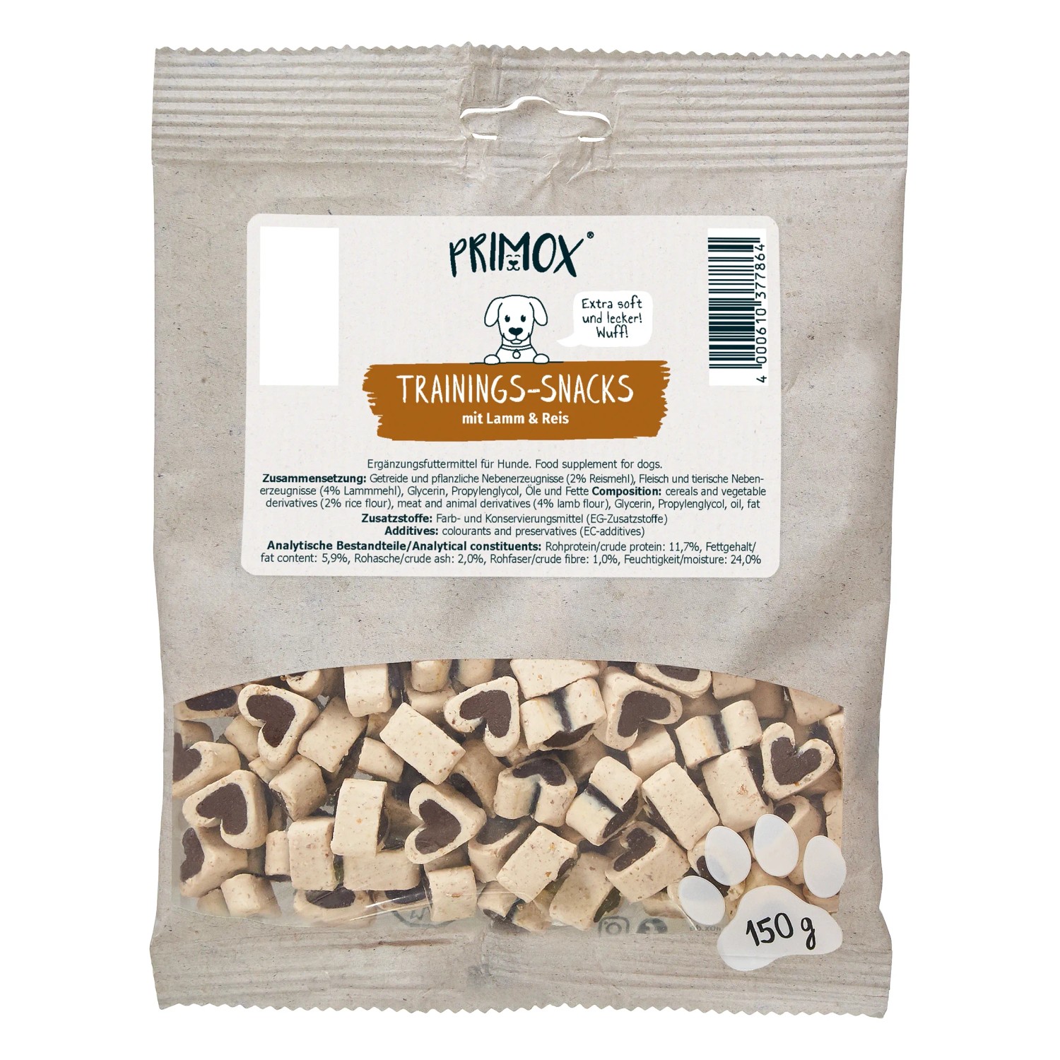 Primox Trainingssnack mit Lamm & Reis, 150g, Hunde-Leckerli in Herzform.