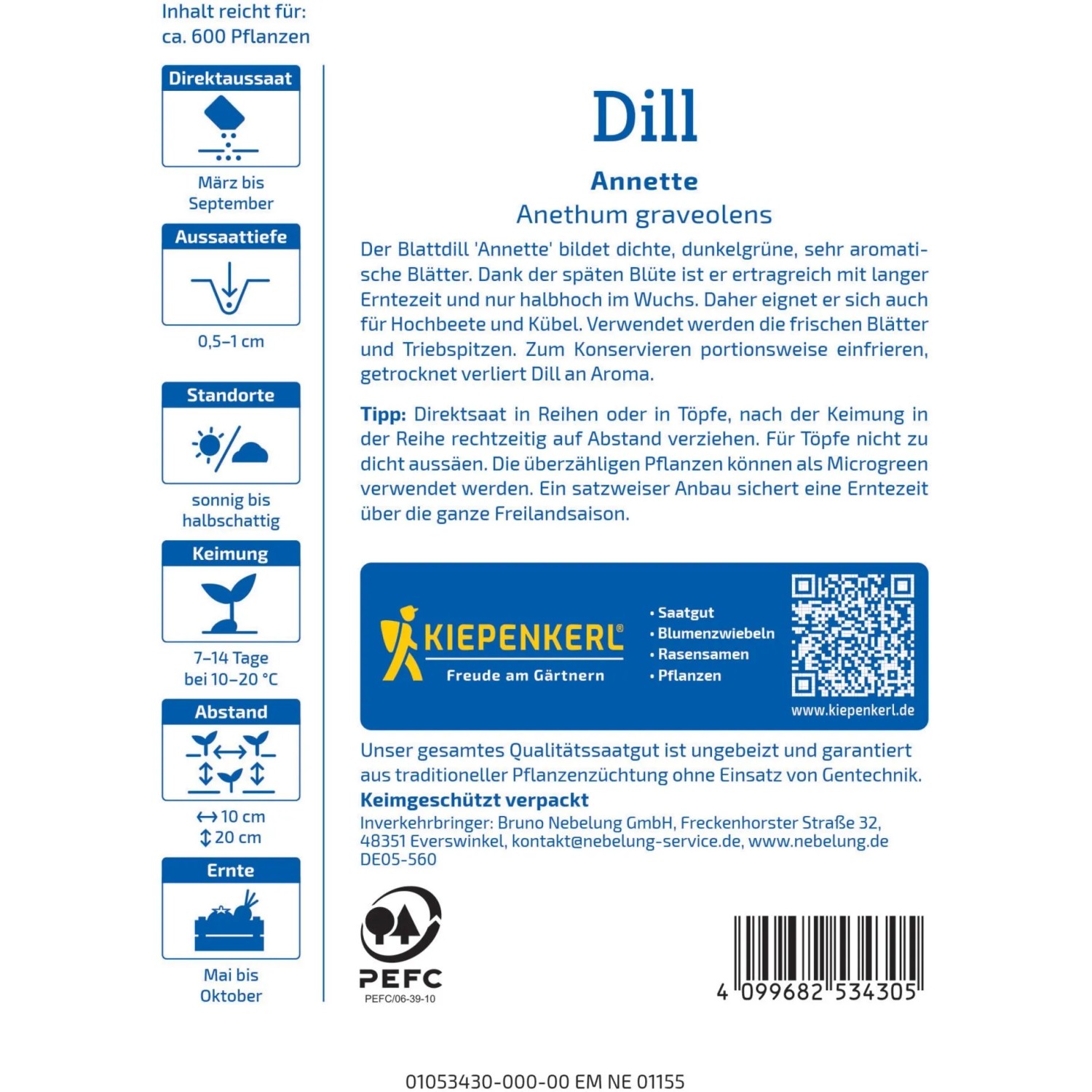 Kiepenkerl Dill Annette Saatgutpackung, aromatische Kräutersamen für Garten und Kübel.