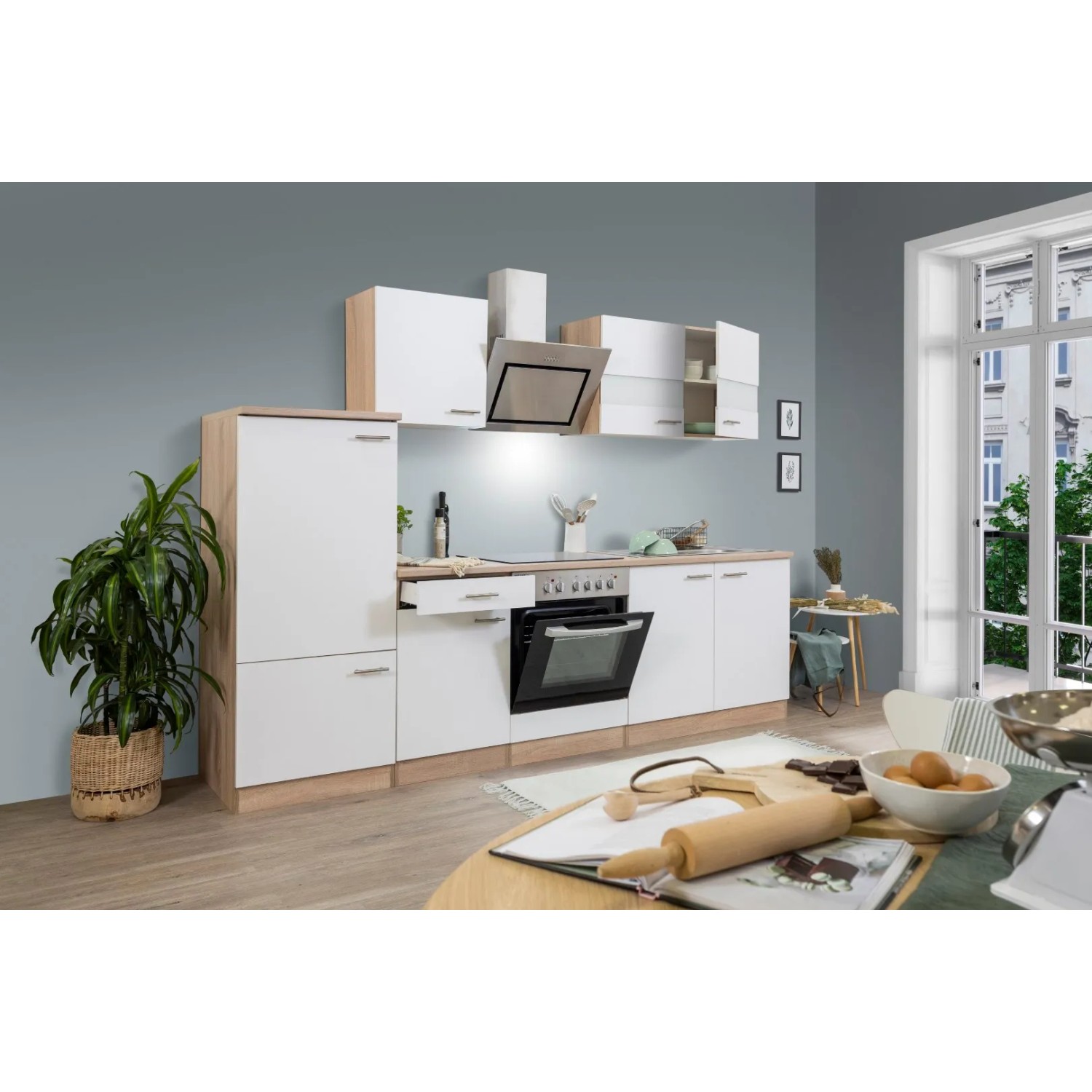 Moderne Respekta Küchenzeile 270 cm in Weiß und Eiche Sägerau mit Glaskeramikkochfeld.