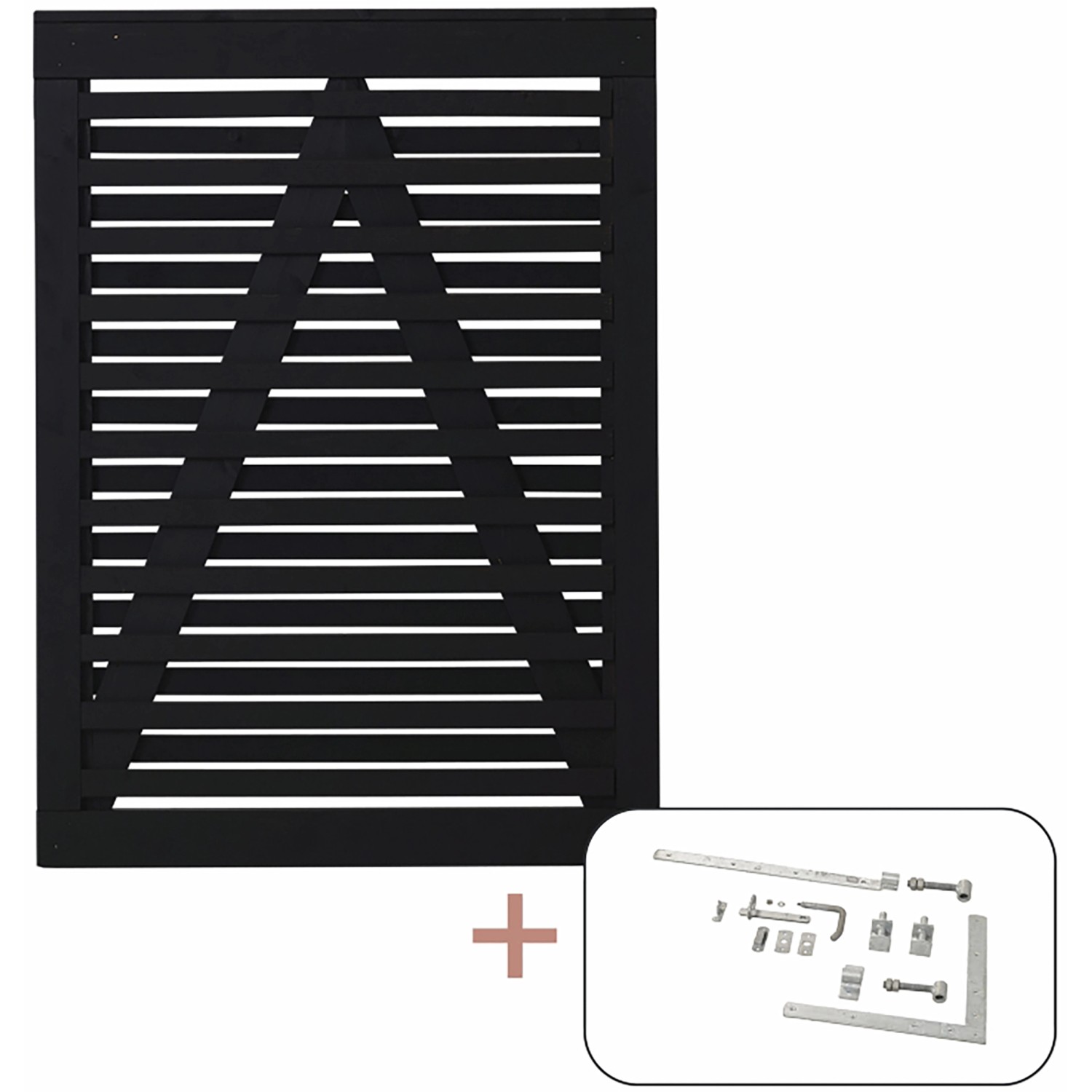 Schwarzes Gartentor Osaka aus Nadelholz, 100x136 cm, mit Beschlägen für die Selbstmontage.