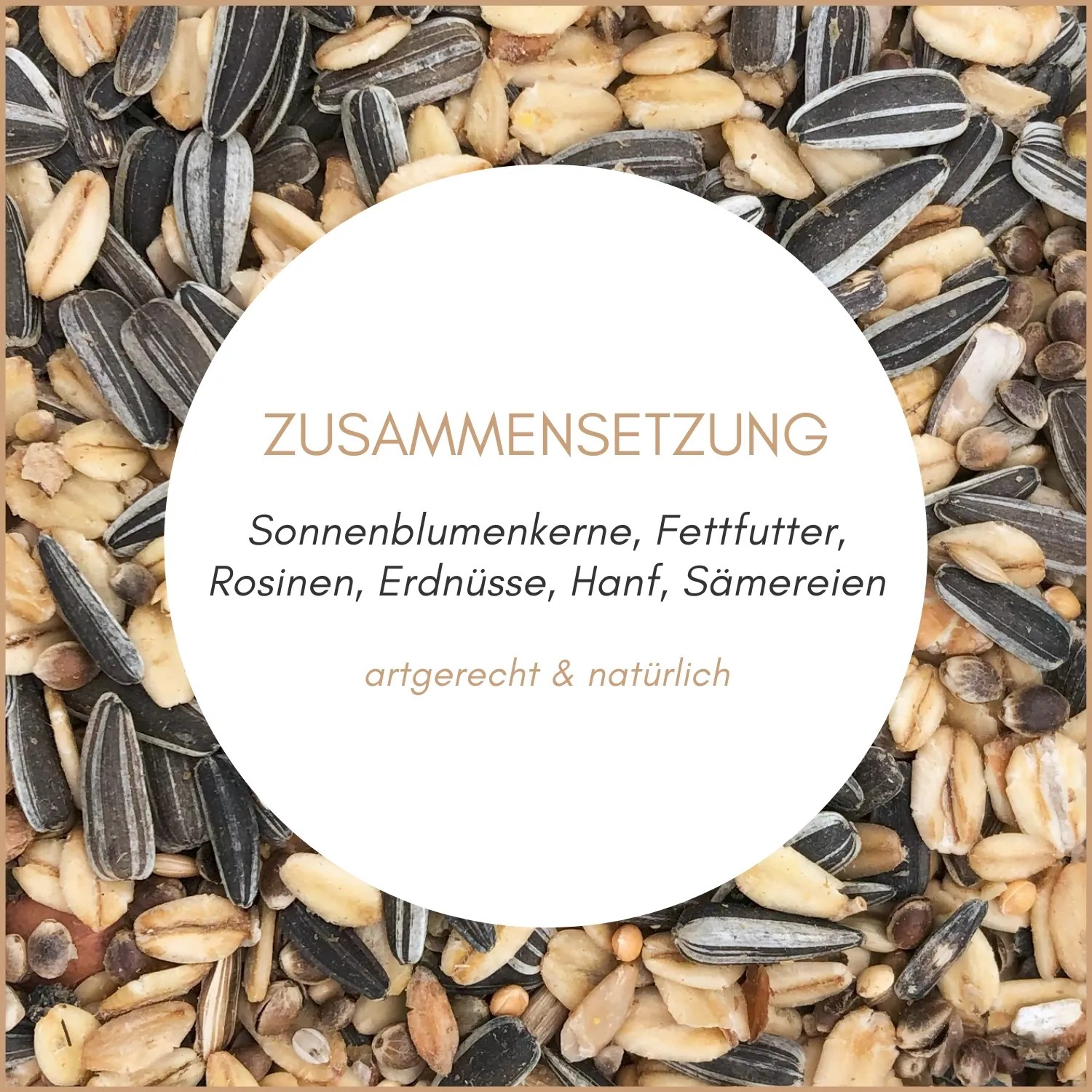 Supravit Winterfutter für Wildvögel: Nahaufnahme der Zusammensetzung mit Sonnenblumenkernen, Erdnüssen, Samen.