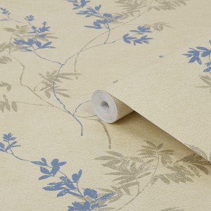 Laura Ashley Vliestapete Mari Gold mit floralem Bambus-Blätter Muster in Gold und Blau.