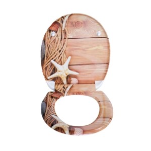 Sinobath Duroplast WC-Sitz mit heller Holzmaserung, Seil- und Seestern-Dekor. Mit Absenkautomatik.
