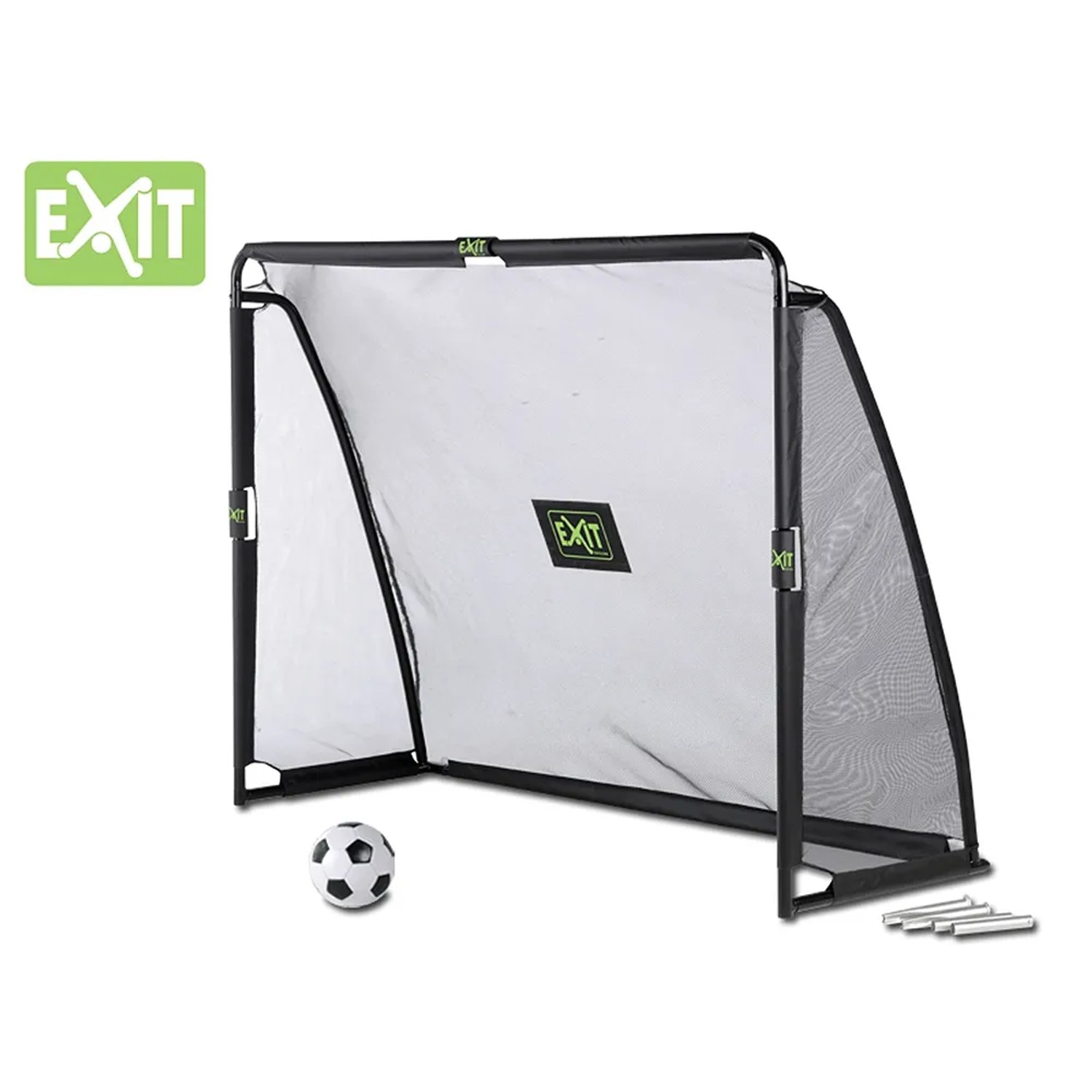 Schwarzes EXIT Coppa Fußballtor aus Stahl, 220x170cm, mit Fußball und Verankerung.
