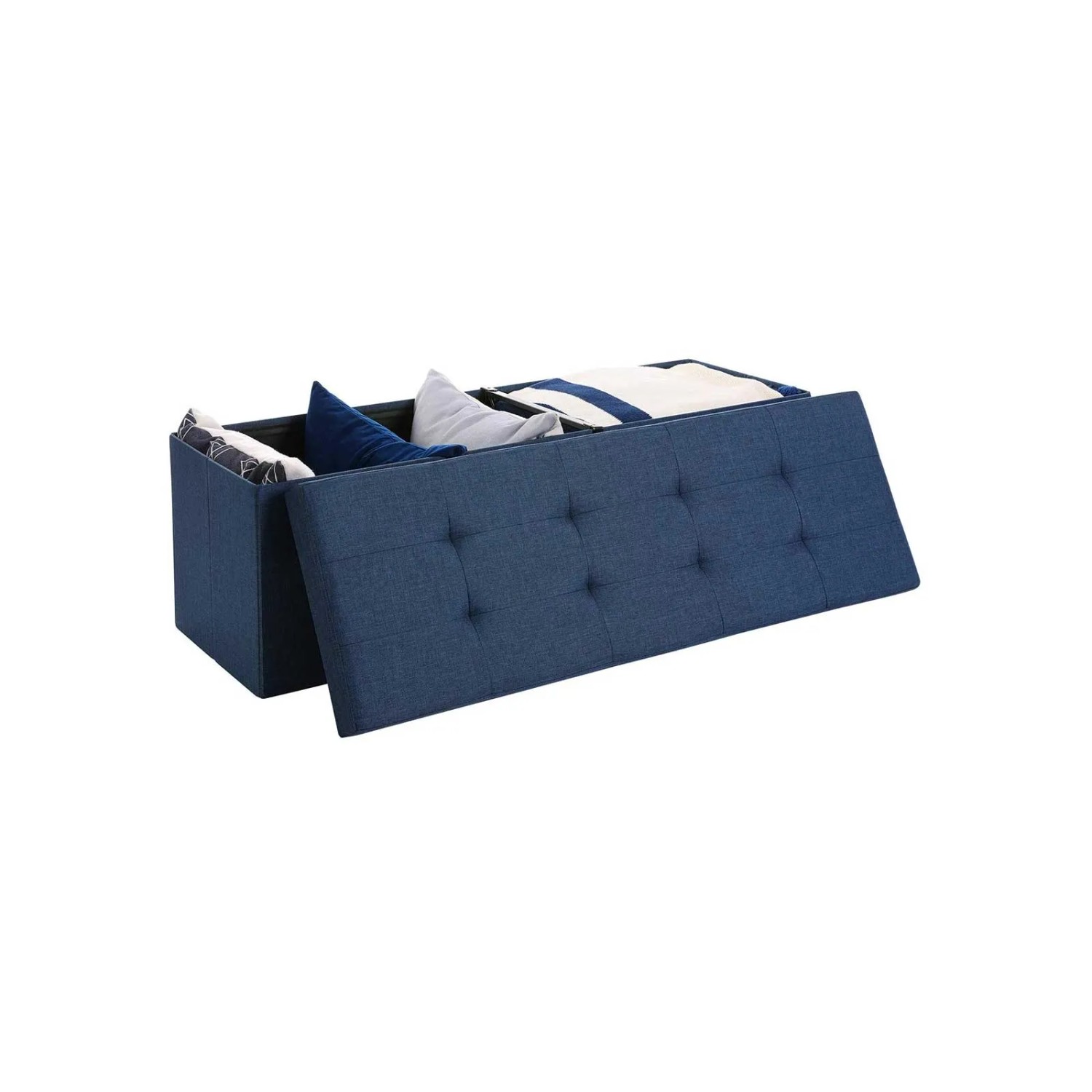 Blaue Songmics Sitztruhe (110 cm) mit Stauraum, teilweise geöffnet mit Kissen und Decken.